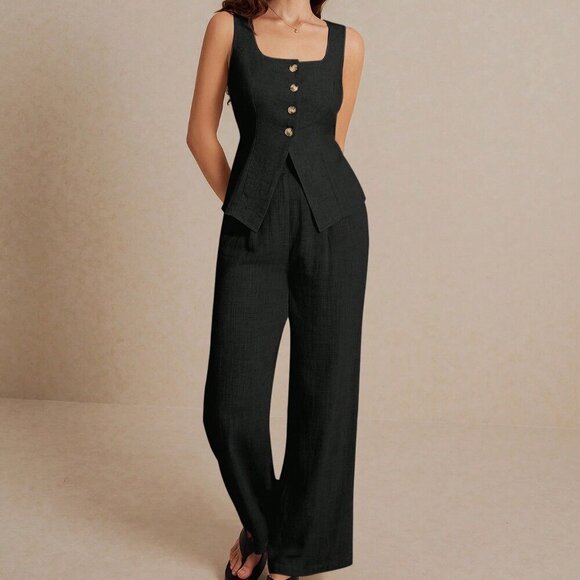 Black Casual Women's Summer Linen Suit Vest Sleeveless Top And Trousers Set - Picture 6 of 8